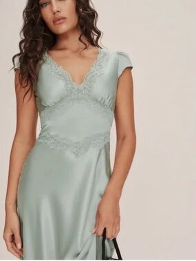 Reformation Seafoam Satin Lace-Trim Slip Dress